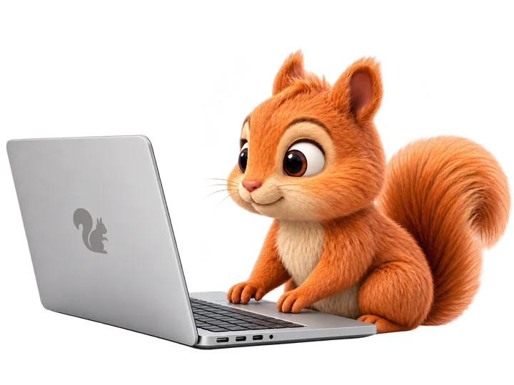 The Flagtail mascot, a red squirrel, working on a laptop